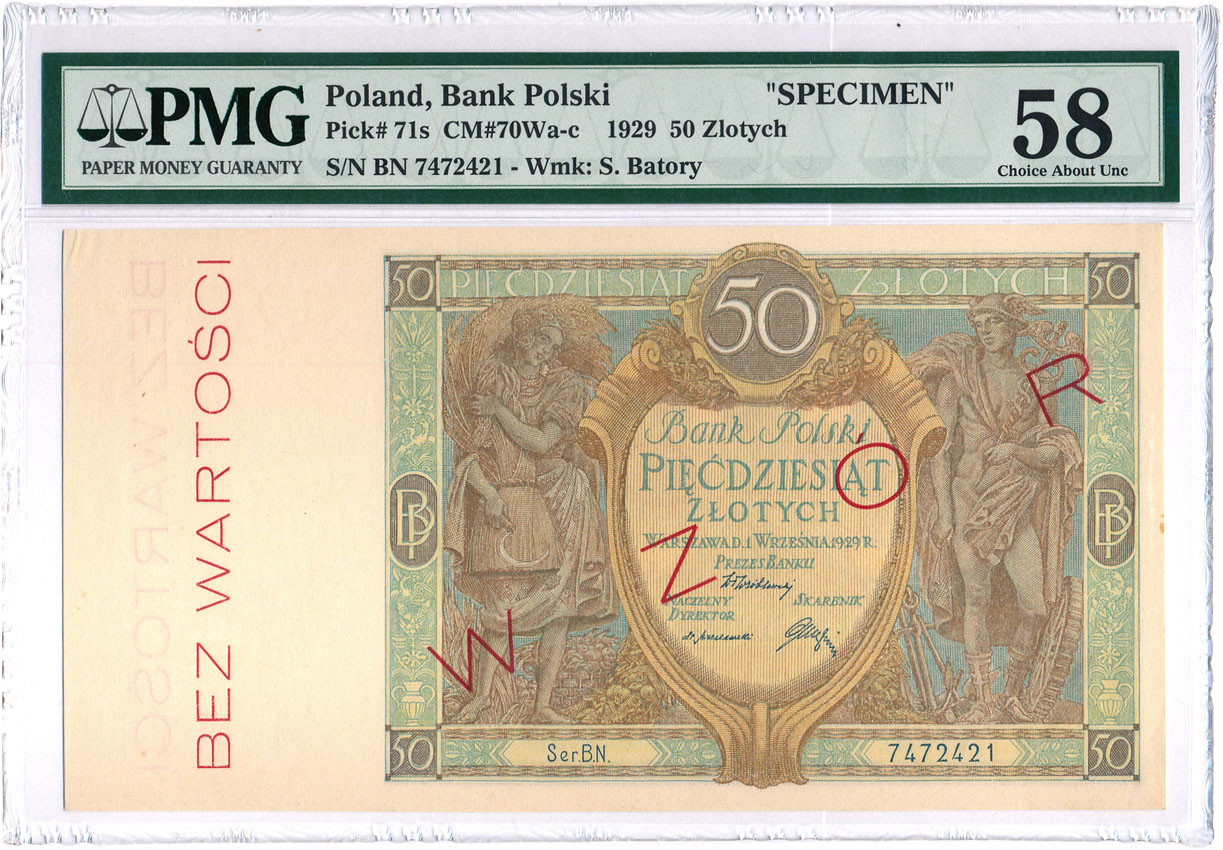 WZÓR 50 złotych 1929 seria BN PMG 58 - ORYGINALNY NADRUK - RZADKOŚĆ R4